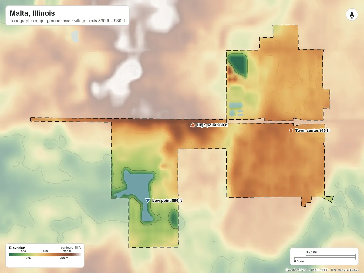 Topographic elevation map of Malta, Illinois, shaded from 890 ft on the southwest side to 930 ft on the west side