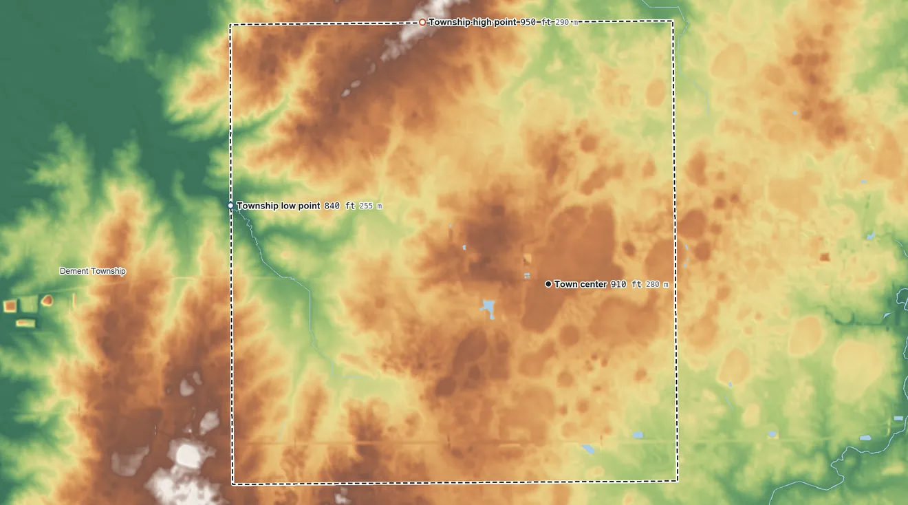 Topographic elevation map of Malta Township, Illinois, shaded from 840 ft on the west side to 950 ft on the northwest side