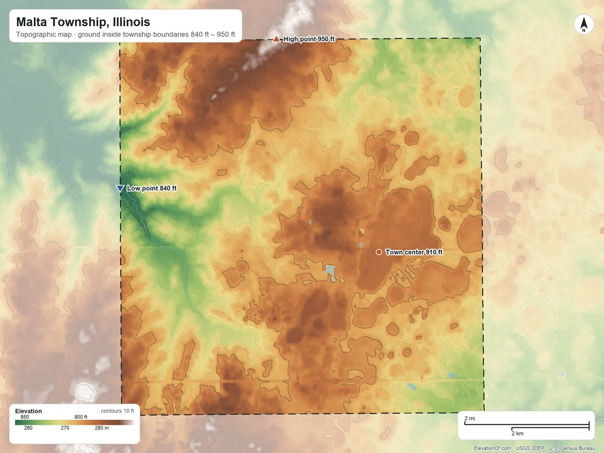 Topographic elevation map of Malta Township, Illinois, shaded from 840 ft on the west side to 950 ft on the northwest side