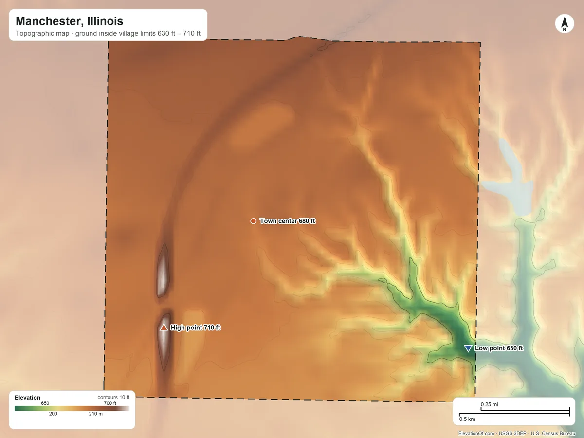 Topographic elevation map of Manchester, Illinois, shaded from 630 ft on the southeast side to 710 ft on the southwest side