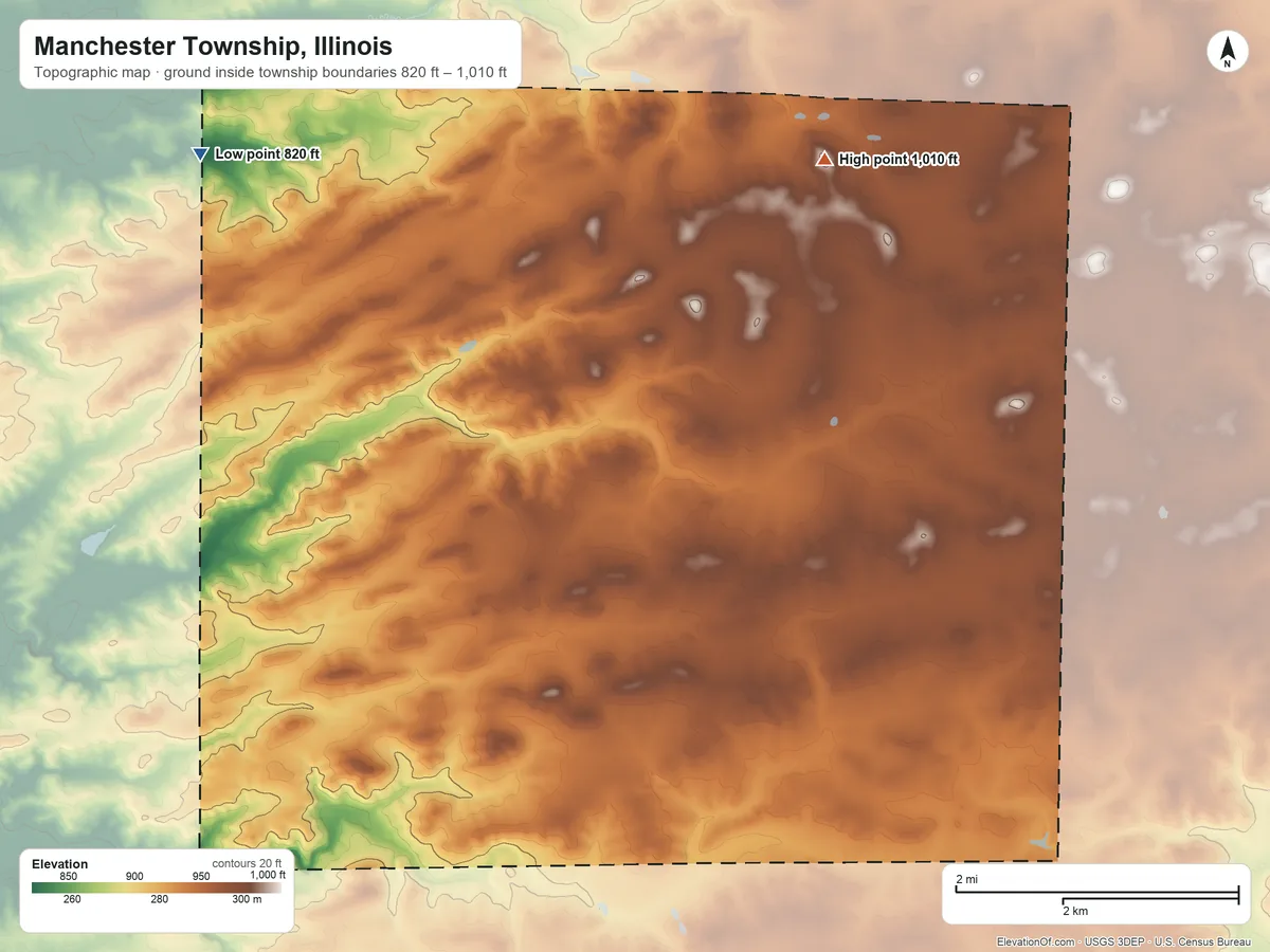 Topographic elevation map of Manchester Township, Illinois, shaded from 820 ft on the northwest side to 1,010 ft on the northeast side