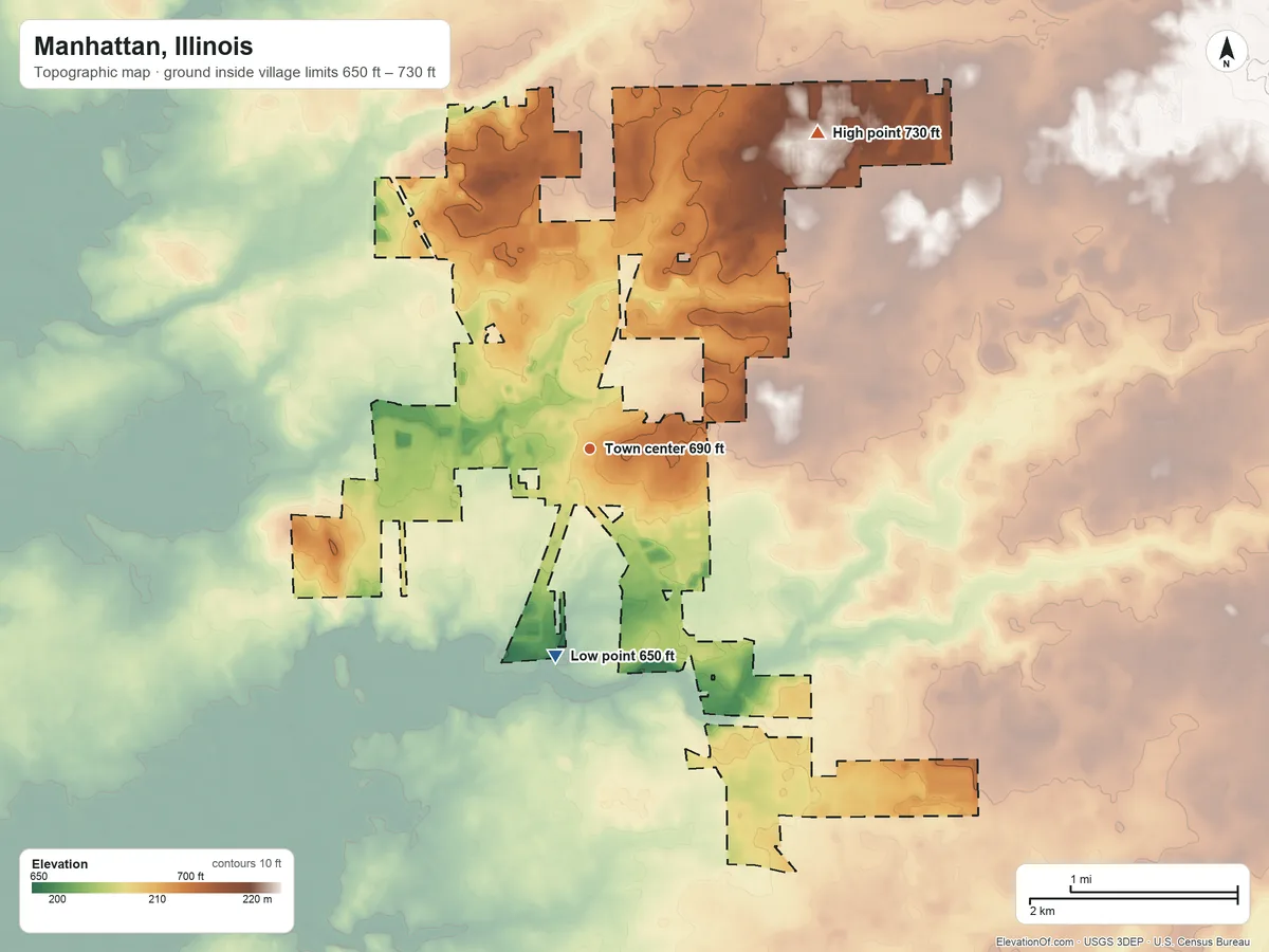 Topographic elevation map of Manhattan, Illinois, shaded from 650 ft on the south side to 730 ft on the northeast side