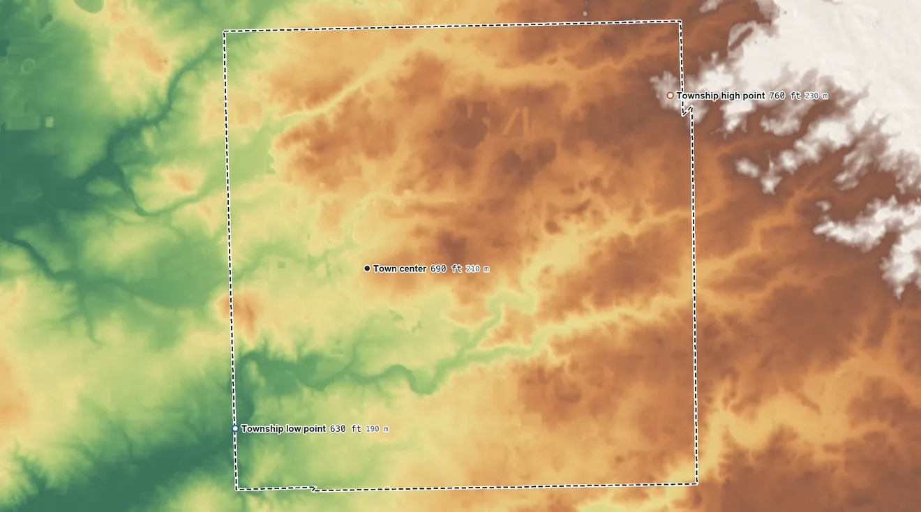 Topographic elevation map of Manhattan Township, Illinois, shaded from 630 ft on the southwest side to 760 ft on the northeast side