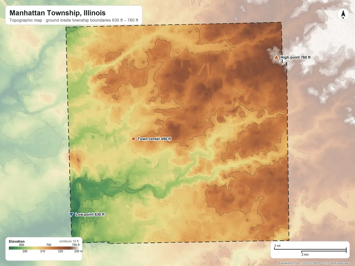 Topographic elevation map of Manhattan Township, Illinois, shaded from 630 ft on the southwest side to 760 ft on the northeast side