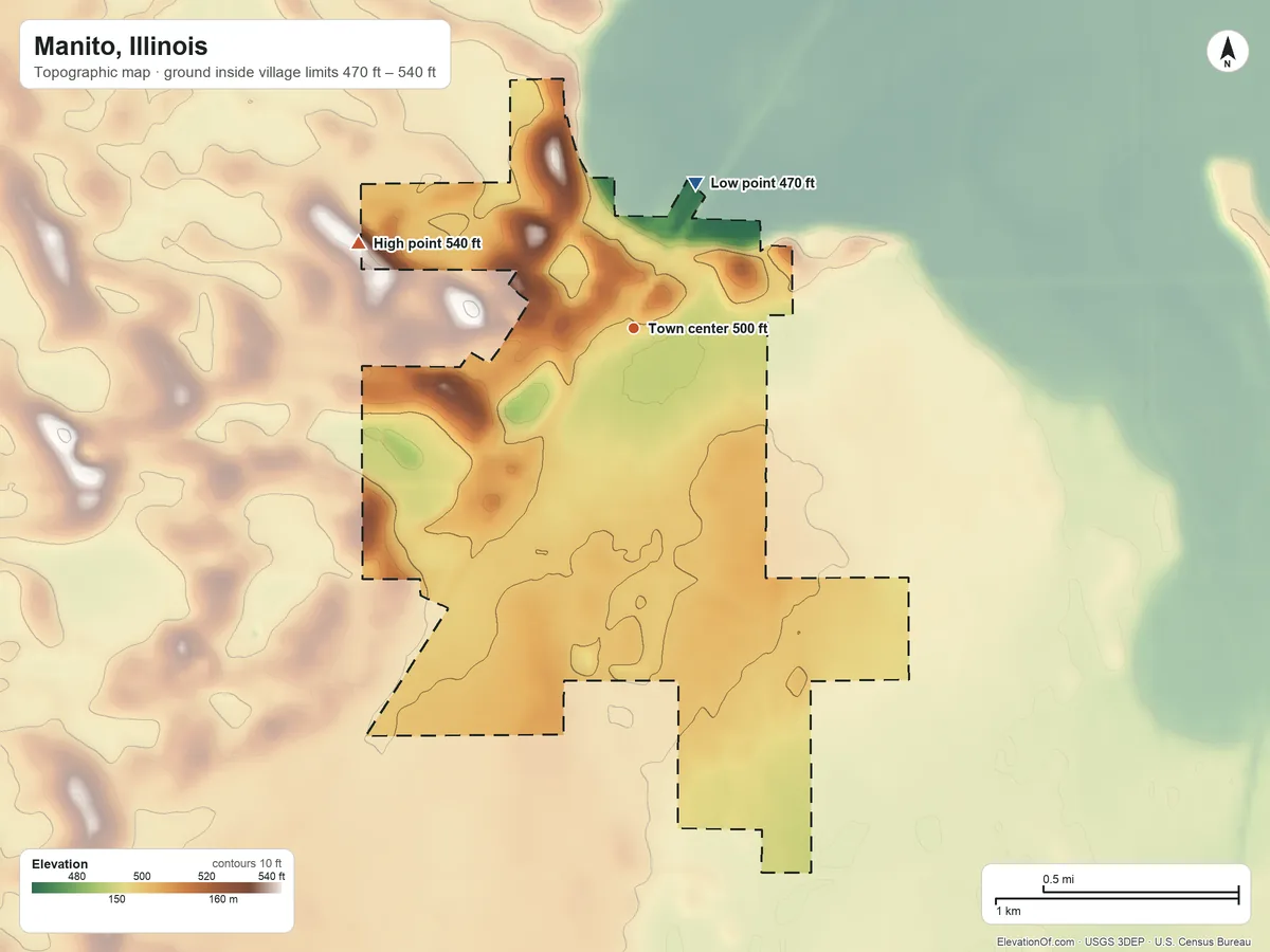 Topographic elevation map of Manito, Illinois, shaded from 470 ft on the northeast side to 540 ft on the west side