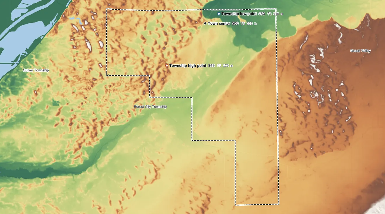Topographic elevation map of Manito Township, Illinois, shaded from 460 ft near the middle to 560 ft on the southwest side