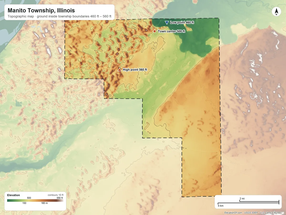 Topographic elevation map of Manito Township, Illinois, shaded from 460 ft near the middle to 560 ft on the southwest side