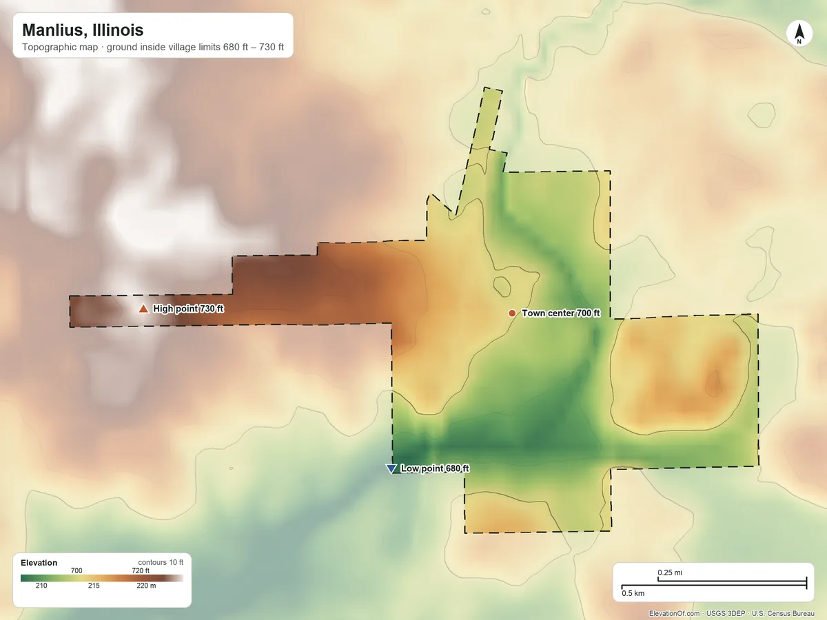 Topographic elevation map of Manlius, Illinois, shaded from 680 ft on the southwest side to 730 ft on the west side