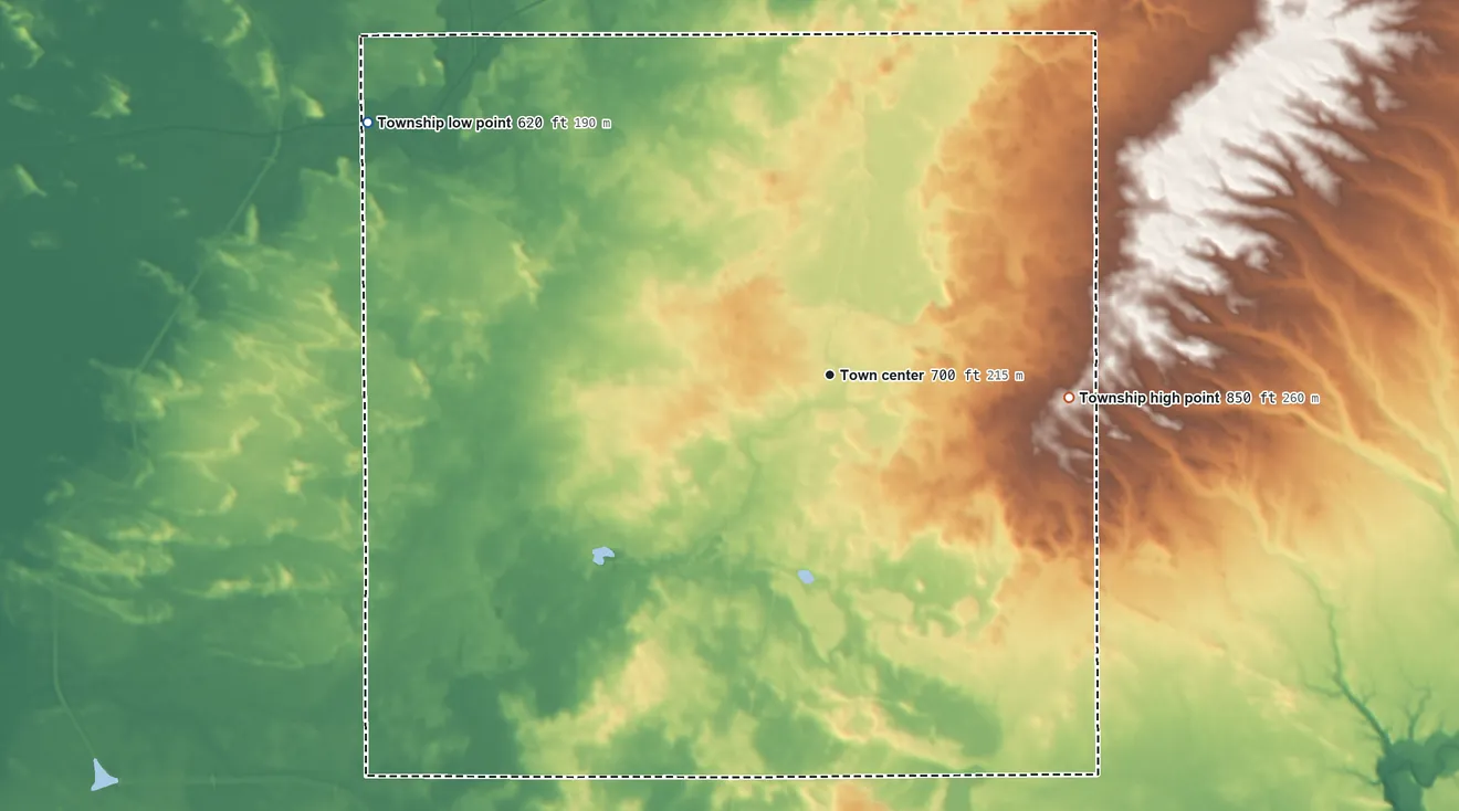 Topographic elevation map of Manlius Township, Bureau County, Illinois, shaded from 620 ft on the northwest side to 850 ft on the east side