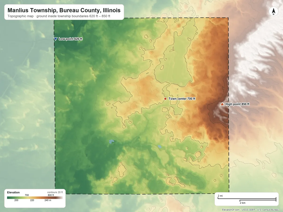 Topographic elevation map of Manlius Township, Bureau County, Illinois, shaded from 620 ft on the northwest side to 850 ft on the east side