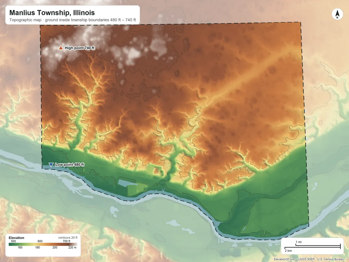 Topographic elevation map of Manlius Township, Illinois, shaded from 480 ft on the west side to 740 ft on the northwest side