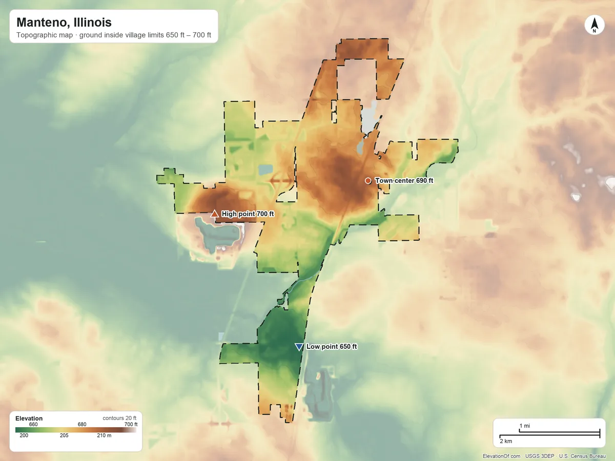 Topographic elevation map of Manteno, Illinois, shaded from 650 ft on the southwest side to 700 ft on the west side