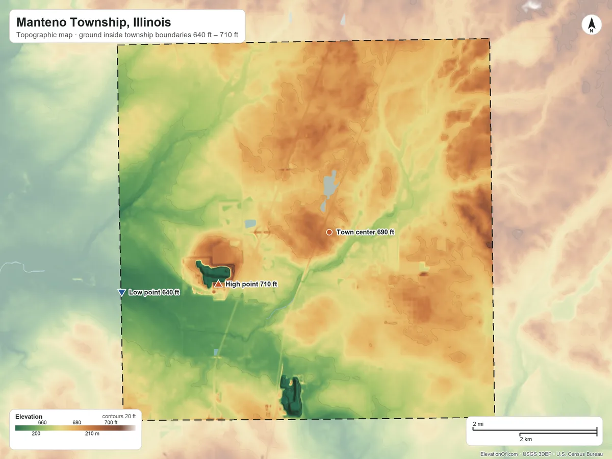 Topographic elevation map of Manteno Township, Illinois, shaded from 640 ft on the west side to 710 ft on the southwest side