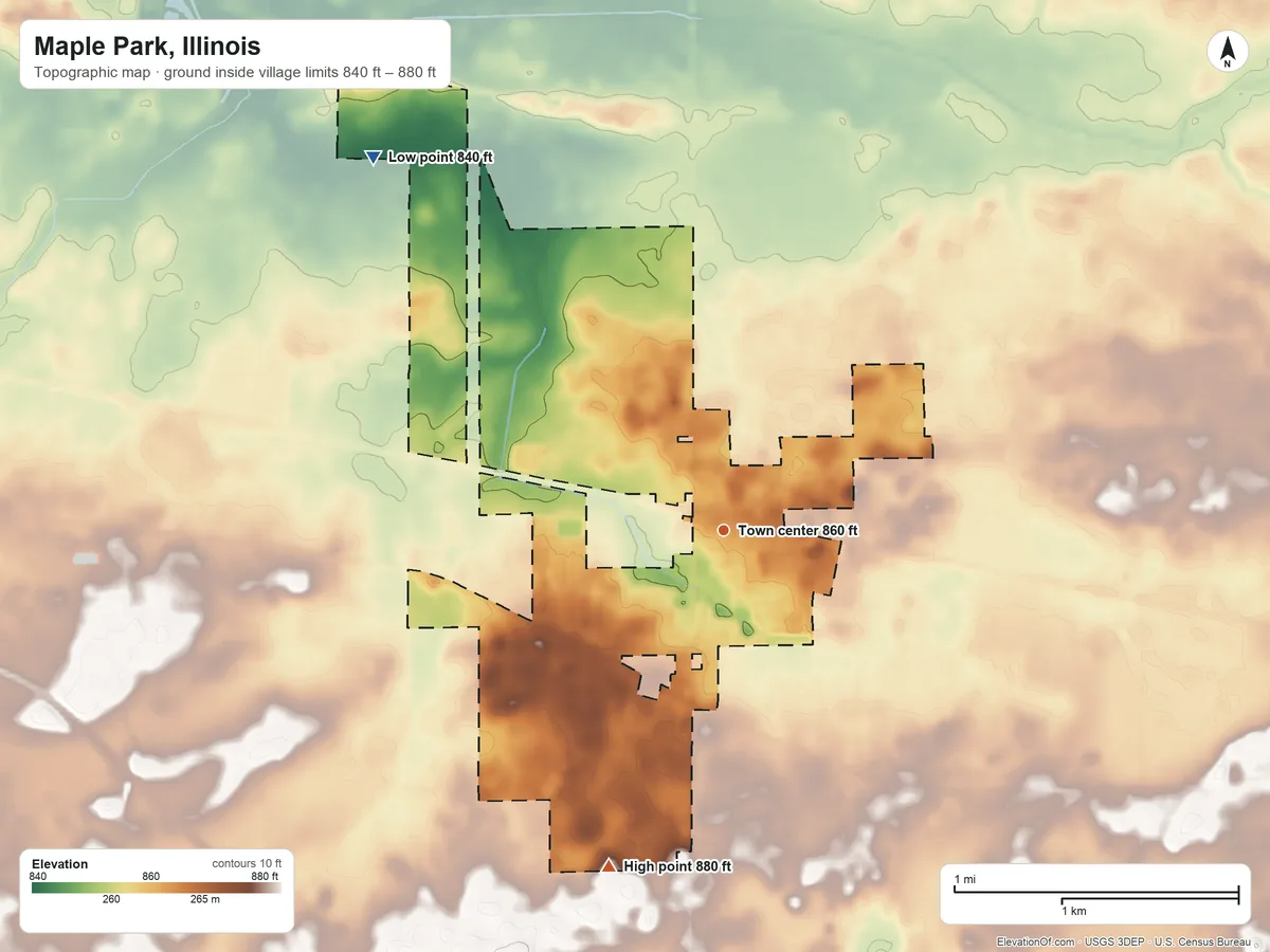 Topographic elevation map of Maple Park, Illinois, shaded from 840 ft on the northwest side to 880 ft on the south side