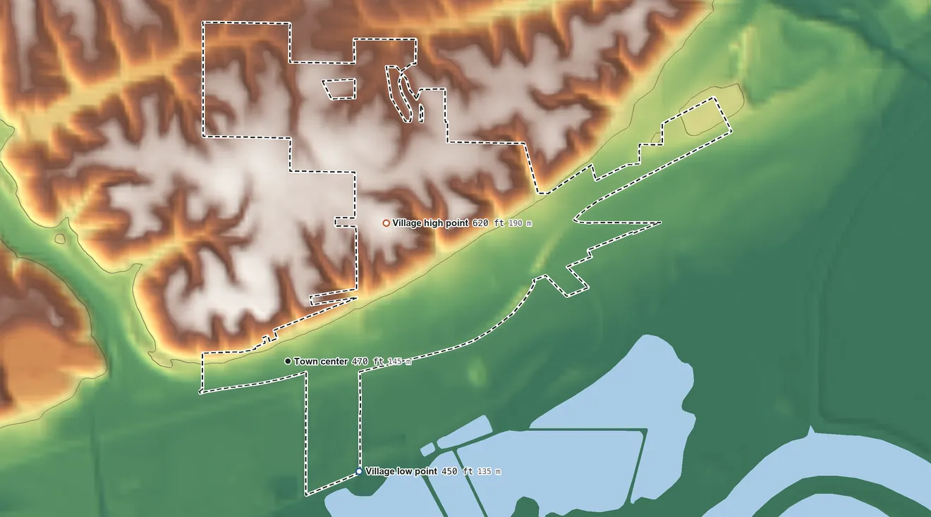 Topographic elevation map of Mapleton, Illinois, shaded from 450 ft on the southeast side to 620 ft on the northeast side