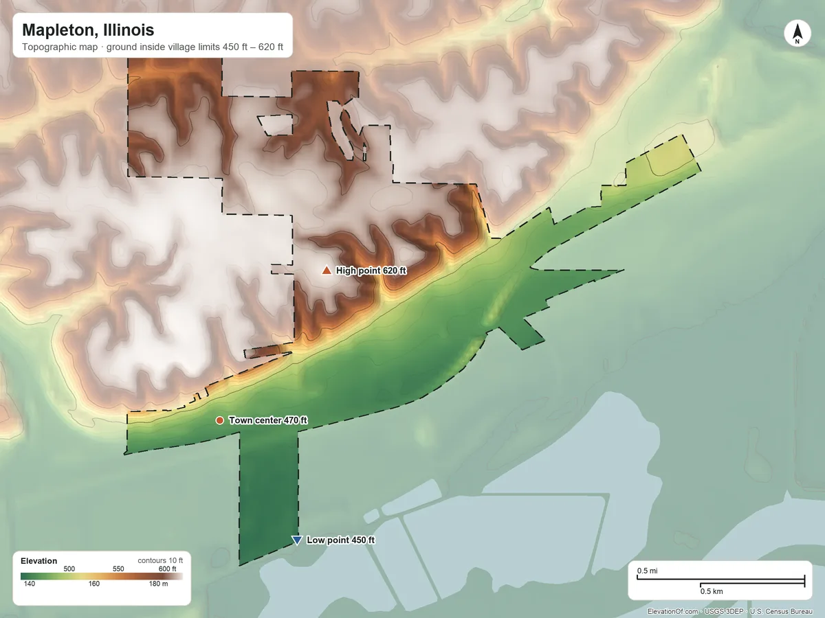 Topographic elevation map of Mapleton, Illinois, shaded from 450 ft on the southeast side to 620 ft on the northeast side