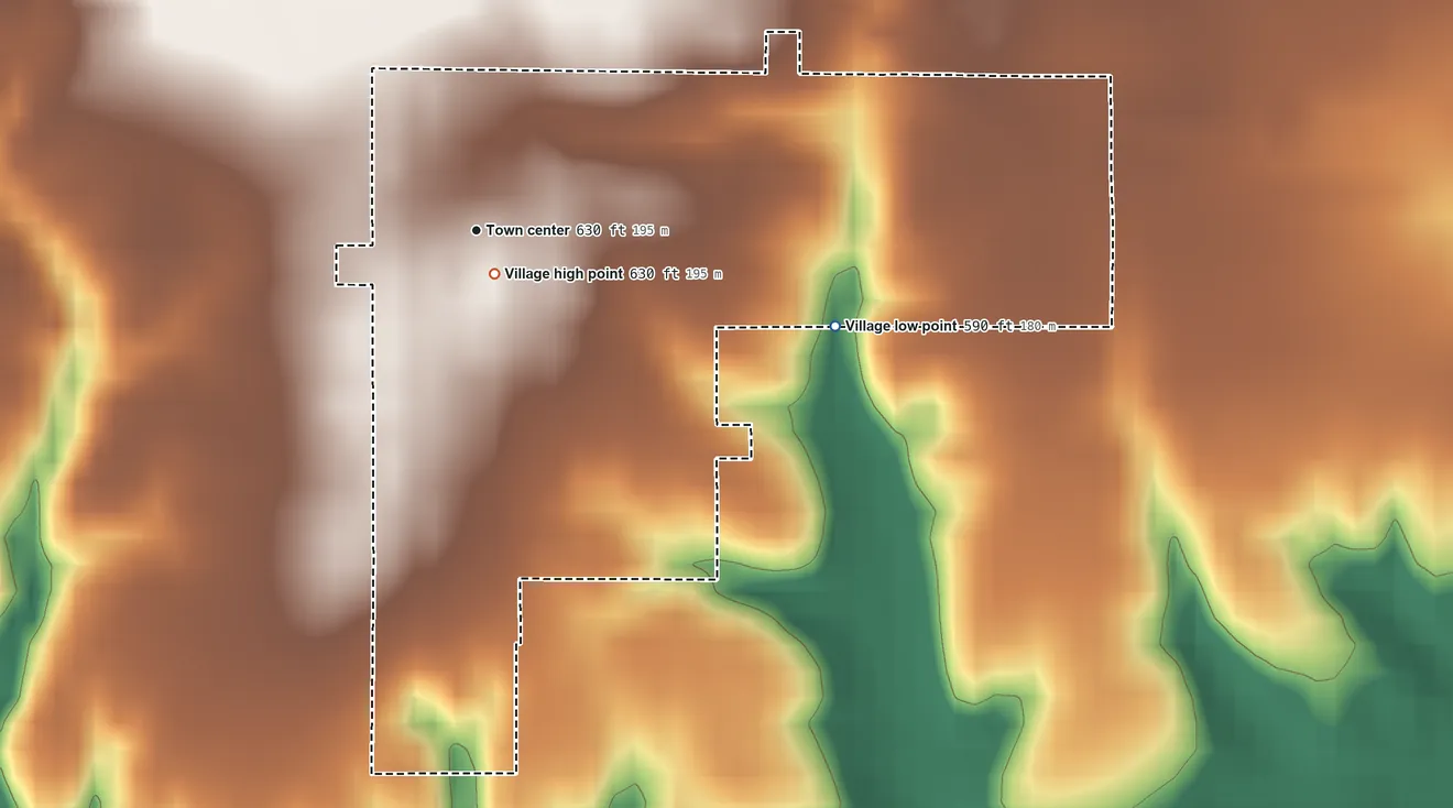 Topographic elevation map of Maquon, Illinois, shaded from 590 ft on the east side to 630 ft near the middle