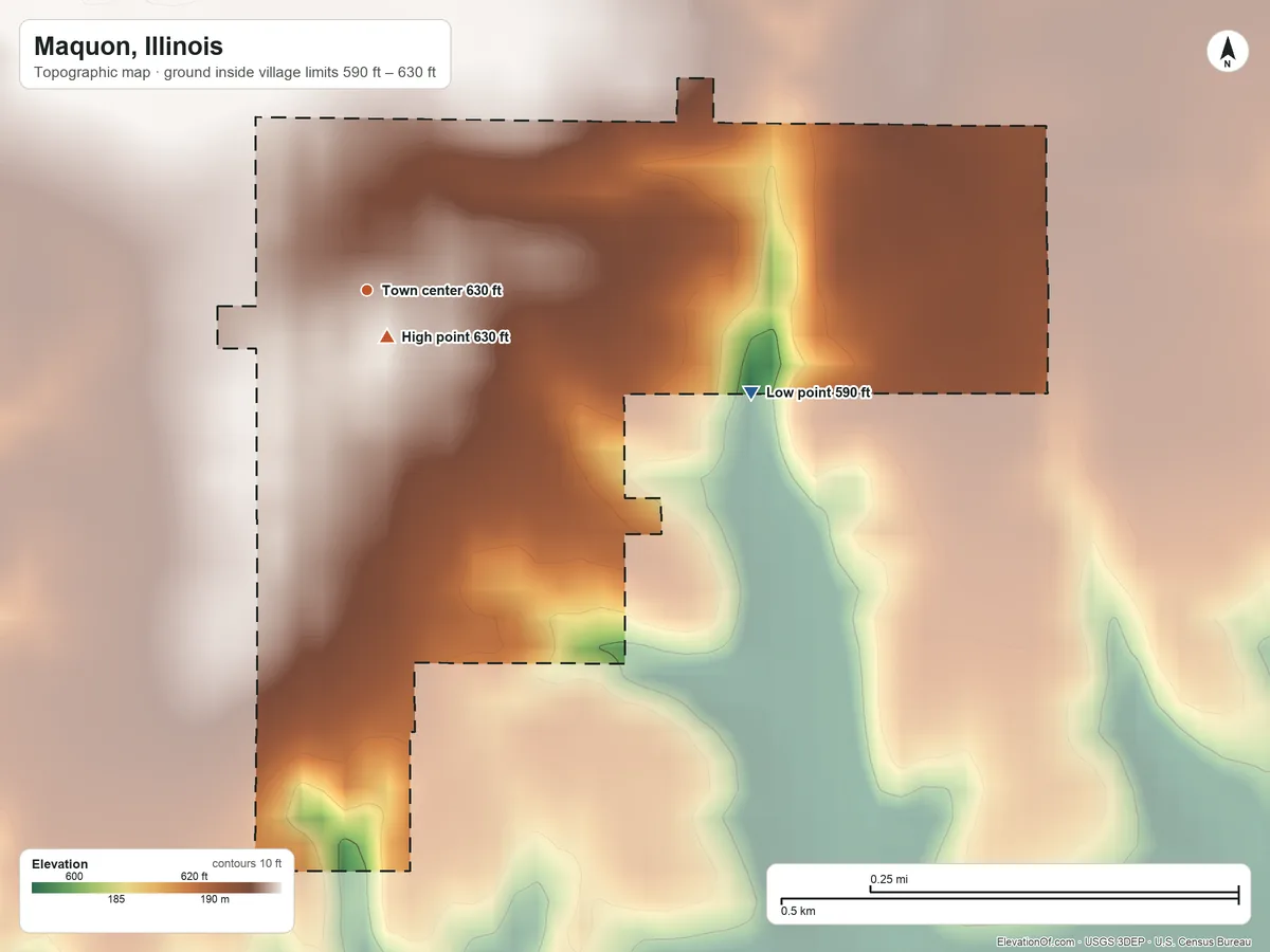 Topographic elevation map of Maquon, Illinois, shaded from 590 ft on the east side to 630 ft near the middle