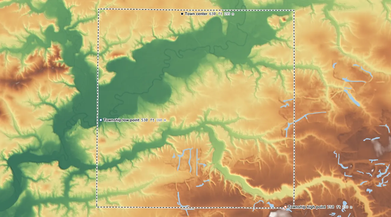 Topographic elevation map of Maquon Township, Illinois, shaded from 530 ft on the southwest side to 750 ft on the southeast side