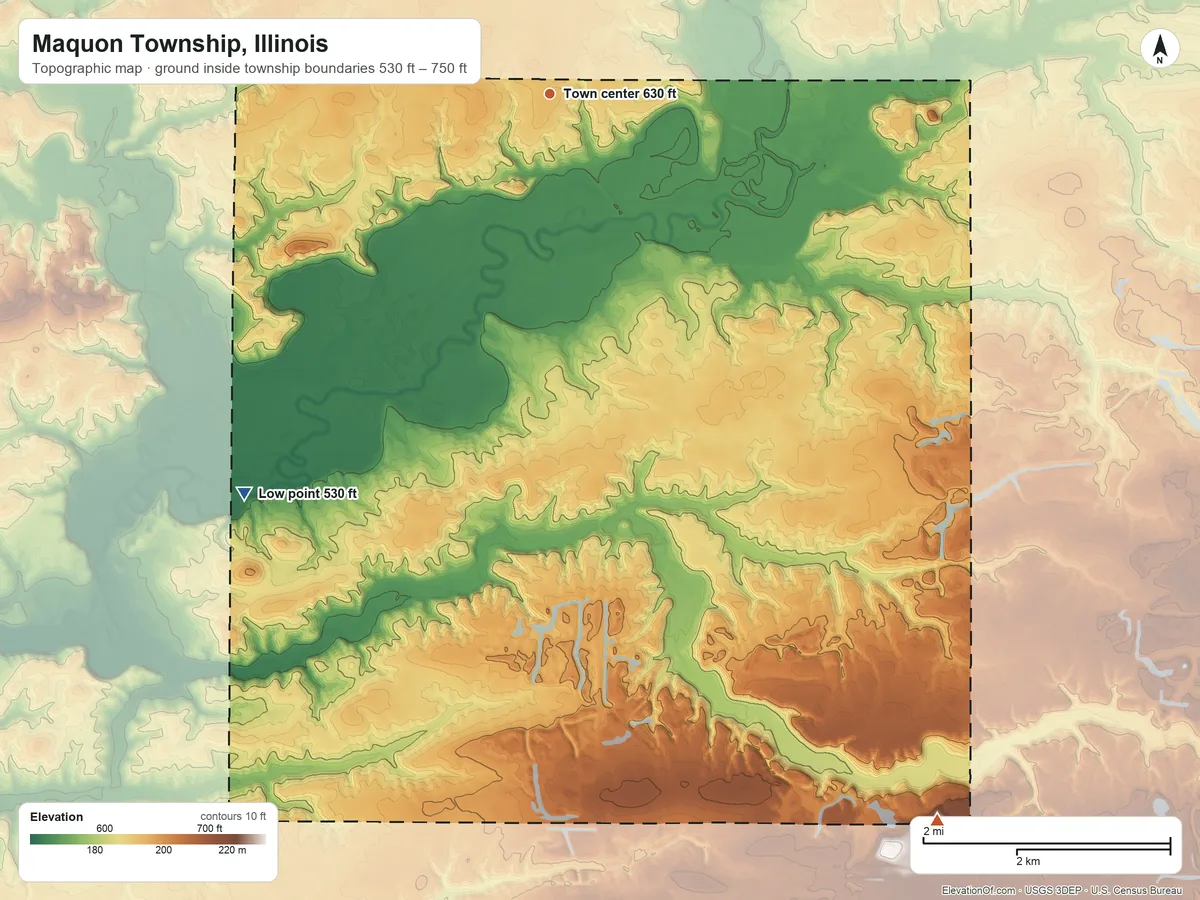 Topographic elevation map of Maquon Township, Illinois, shaded from 530 ft on the southwest side to 750 ft on the southeast side