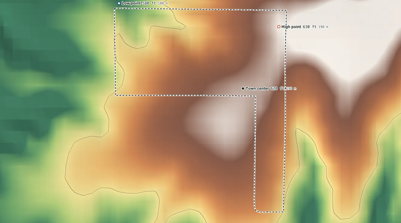 Topographic elevation map of Marcelline, Illinois, shaded from 580 ft on the northwest side to 630 ft on the northeast side