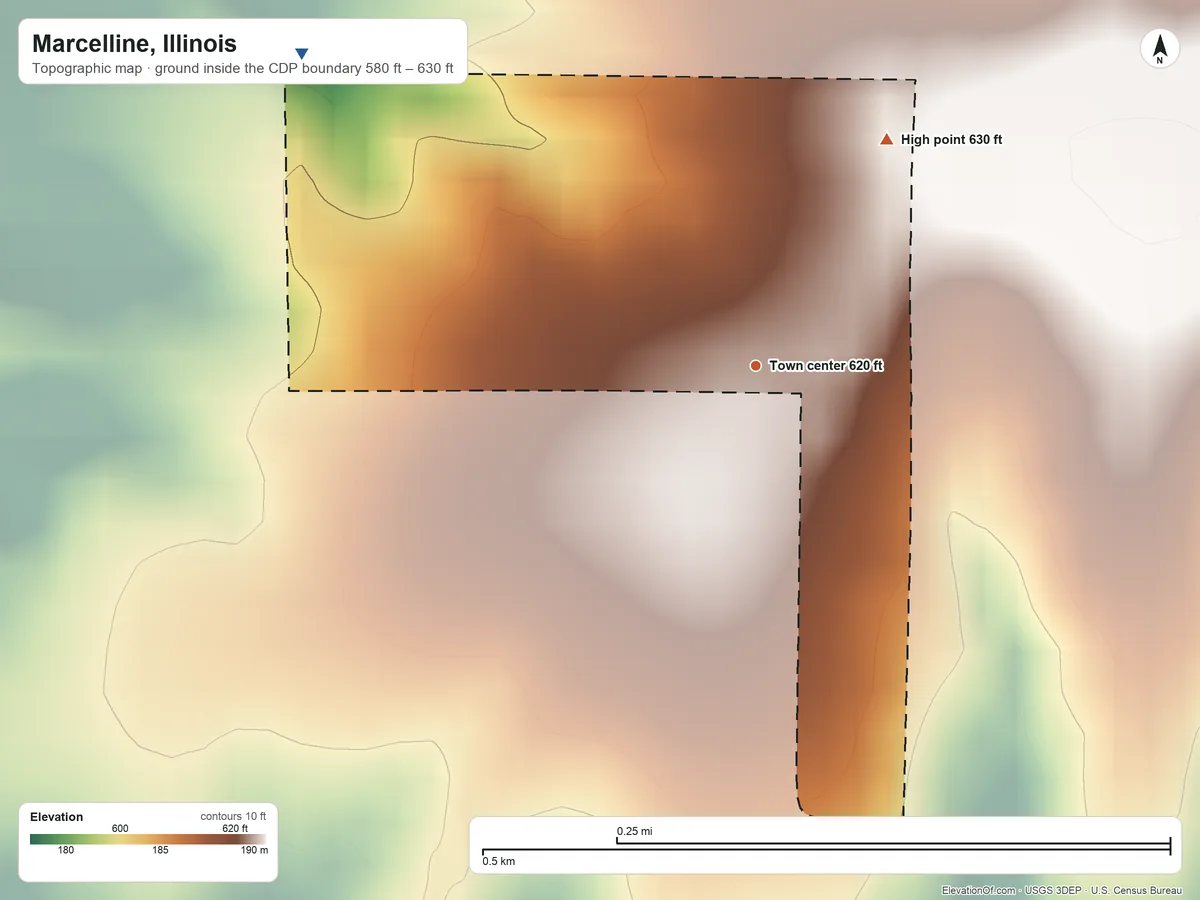 Topographic elevation map of Marcelline, Illinois, shaded from 580 ft on the northwest side to 630 ft on the northeast side