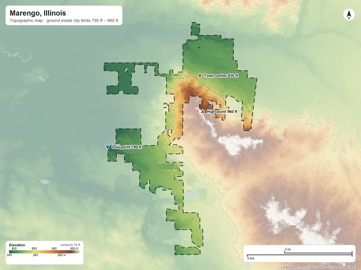 Topographic elevation map of Marengo, Illinois, shaded from 790 ft on the southwest side to 960 ft on the south side