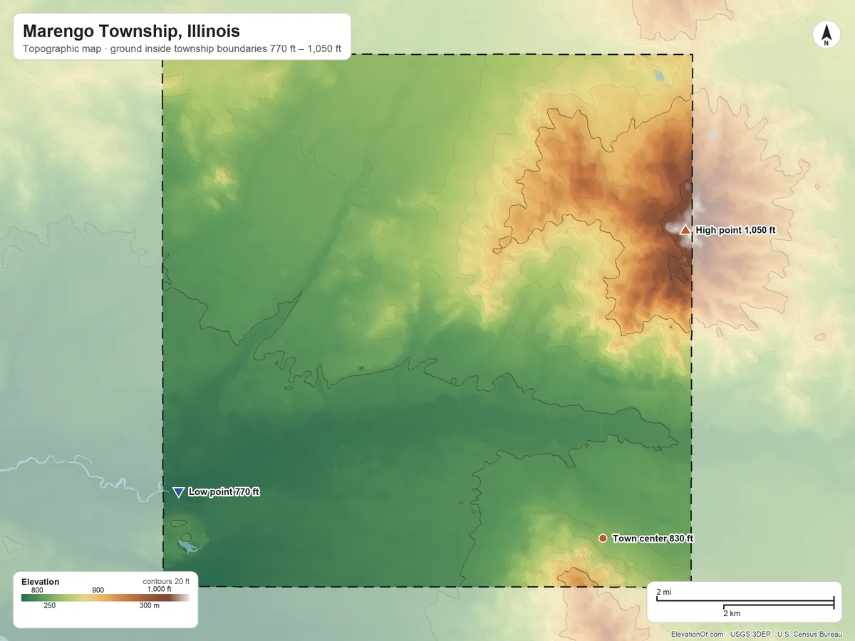 Topographic elevation map of Marengo Township, Illinois, shaded from 770 ft on the west side to 1,050 ft on the north side