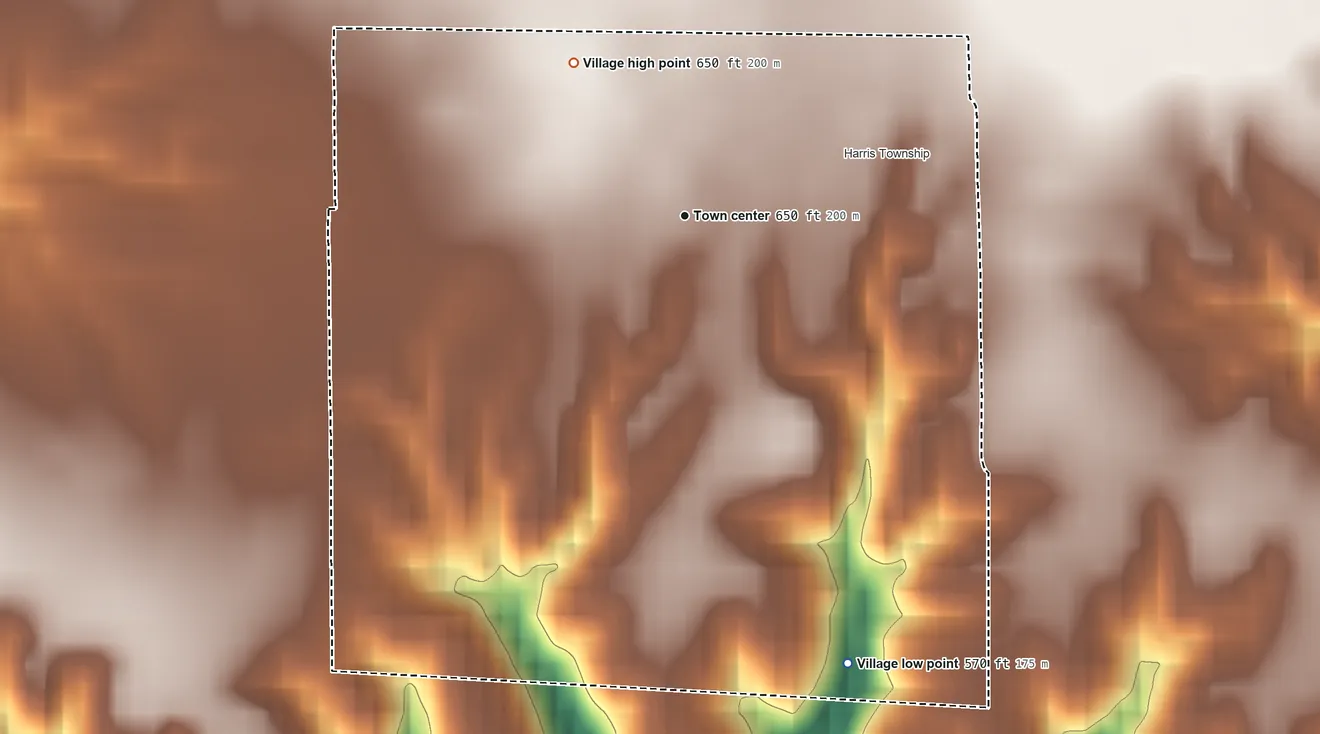 Topographic elevation map of Marietta, Illinois, shaded from 570 ft on the south side to 650 ft on the northwest side