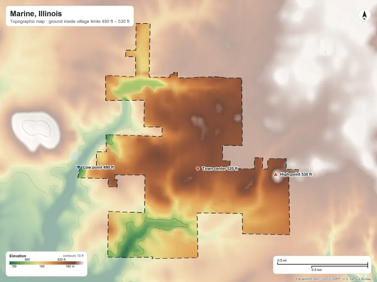Topographic elevation map of Marine, Illinois, shaded from 490 ft on the west side to 530 ft on the east side