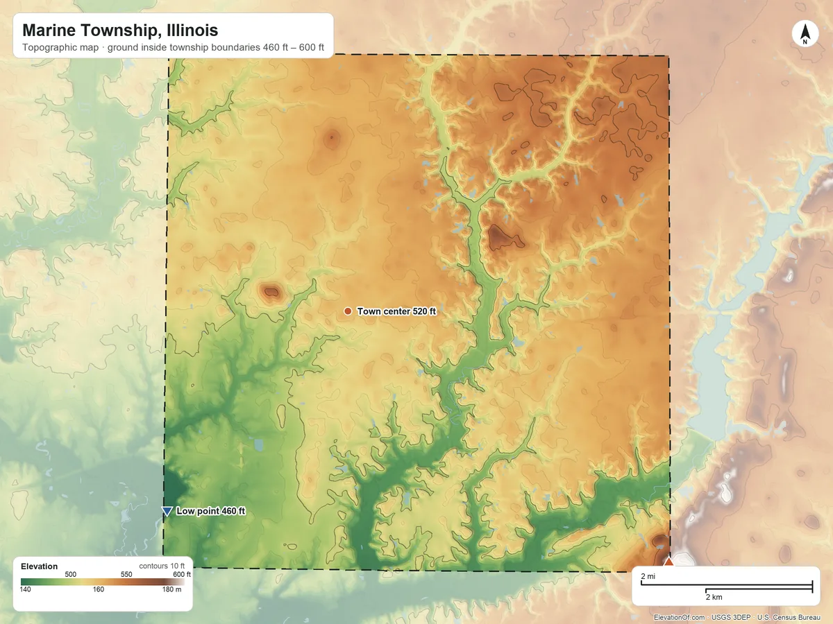 Topographic elevation map of Marine Township, Illinois, shaded from 460 ft on the southwest side to 600 ft on the southeast side