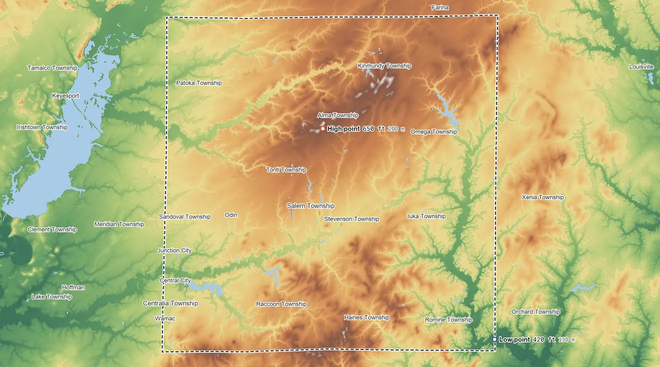 Topographic elevation map of Marion County, Illinois, shaded from 420 ft on the southeast side to 650 ft on the north side