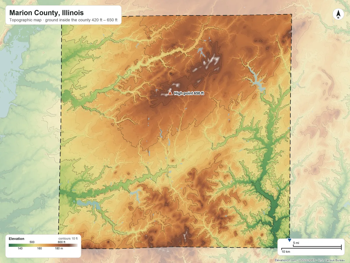 Topographic elevation map of Marion County, Illinois, shaded from 420 ft on the southeast side to 650 ft on the north side