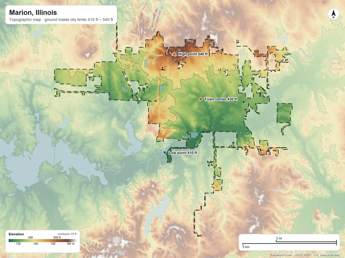 Topographic elevation map of Marion, Illinois, shaded from 410 ft on the southwest side to 540 ft on the northwest side