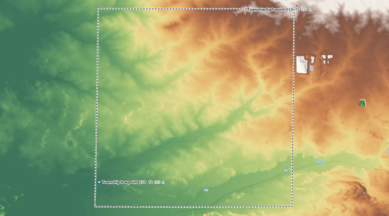 Topographic elevation map of Marion Township, Lee County, Illinois, shaded from 670 ft on the southwest side to 810 ft on the north side