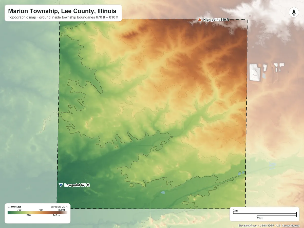 Topographic elevation map of Marion Township, Lee County, Illinois, shaded from 670 ft on the southwest side to 810 ft on the north side
