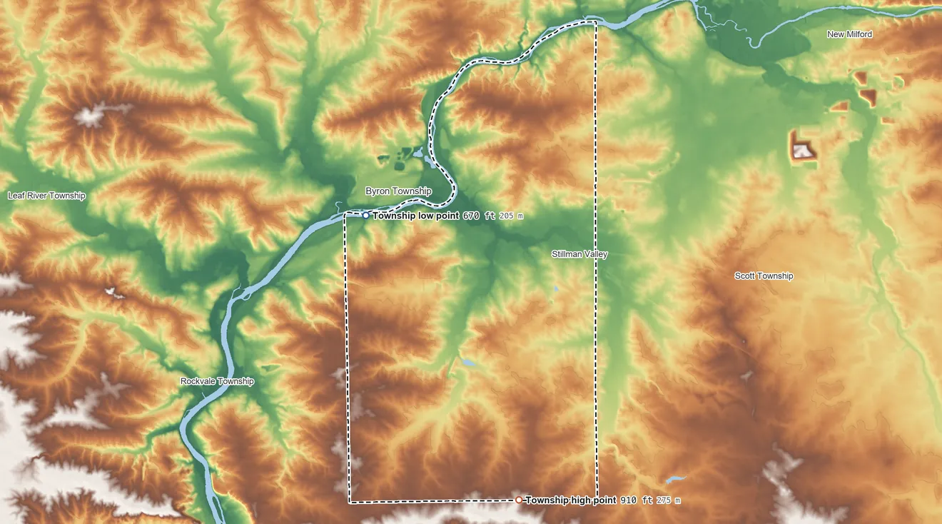 Topographic elevation map of Marion Township, Illinois, shaded from 670 ft on the west side to 910 ft on the south side