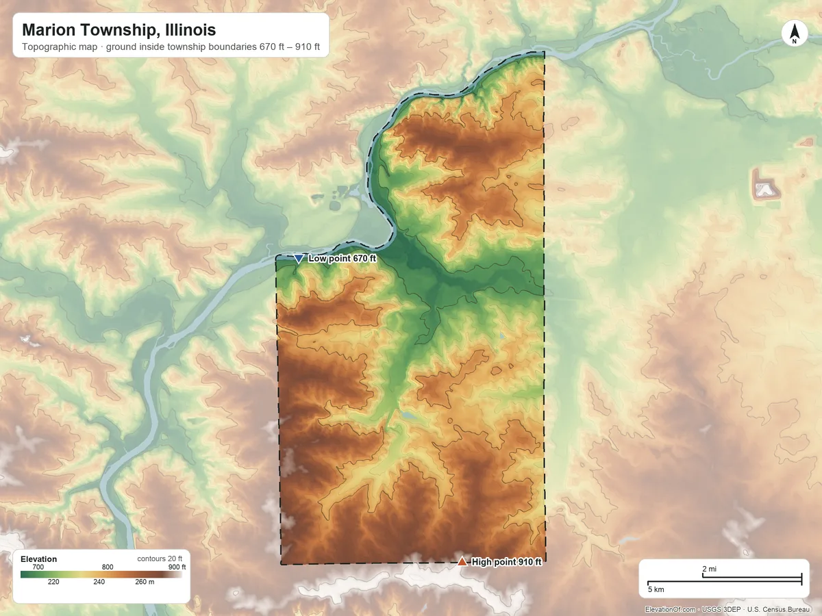 Topographic elevation map of Marion Township, Illinois, shaded from 670 ft on the west side to 910 ft on the south side