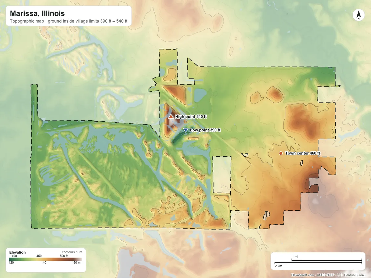 Topographic elevation map of Marissa, Illinois, shaded from 390 ft on the west side to 540 ft on the west side
