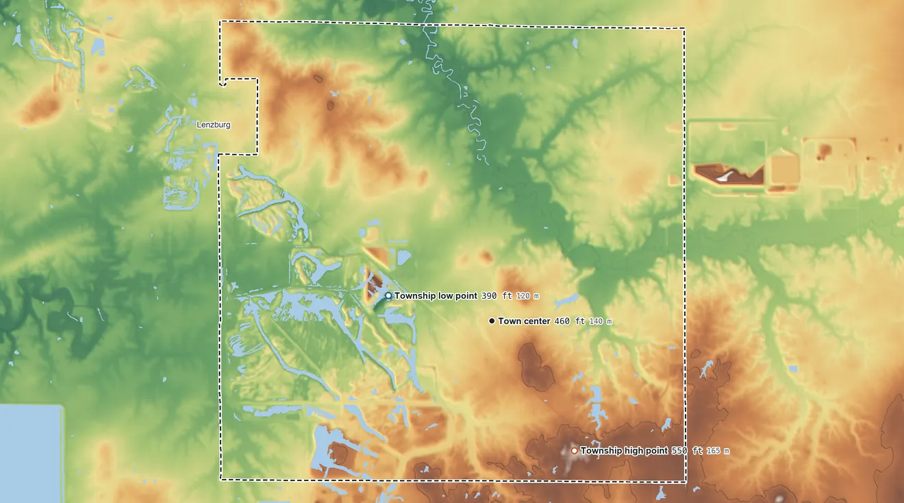Topographic elevation map of Marissa Township, Illinois, shaded from 390 ft on the west side to 550 ft on the southeast side
