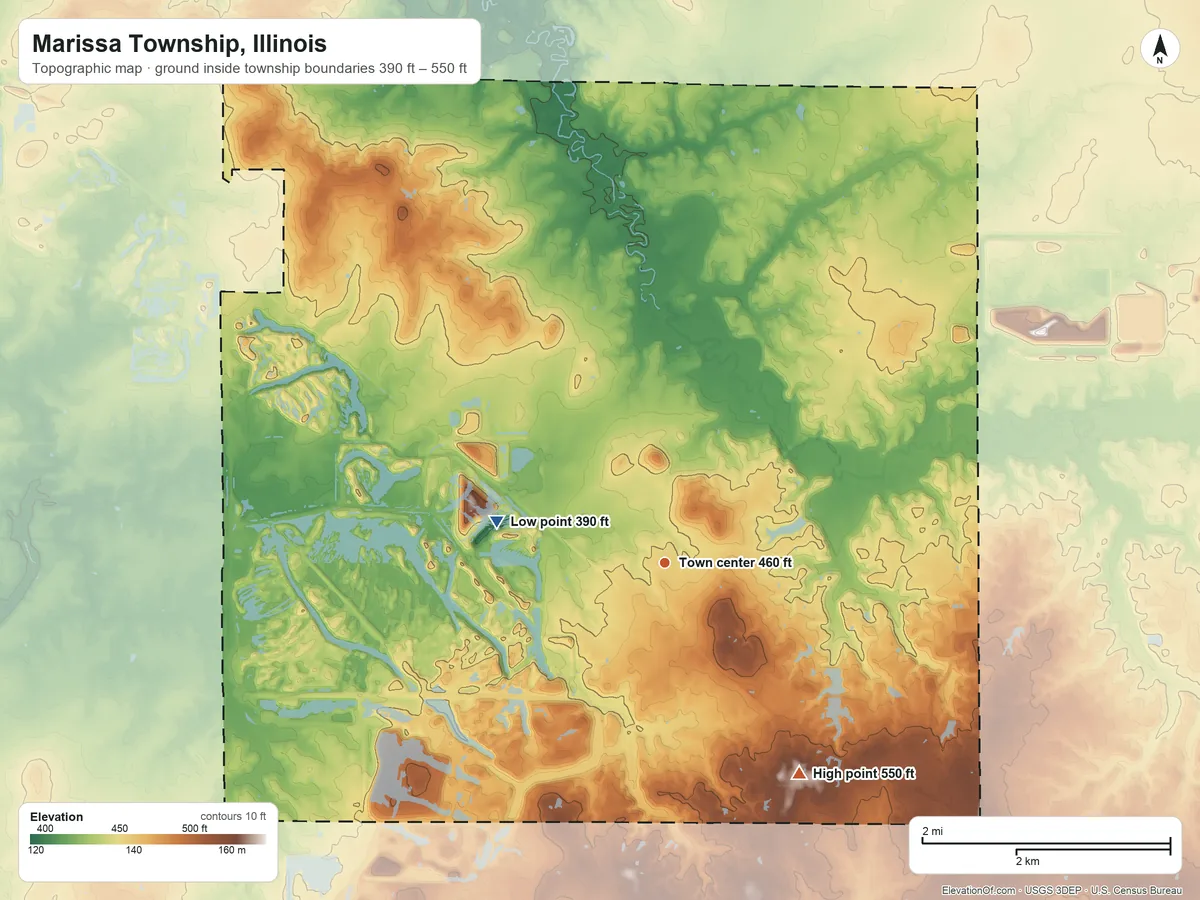 Topographic elevation map of Marissa Township, Illinois, shaded from 390 ft on the west side to 550 ft on the southeast side