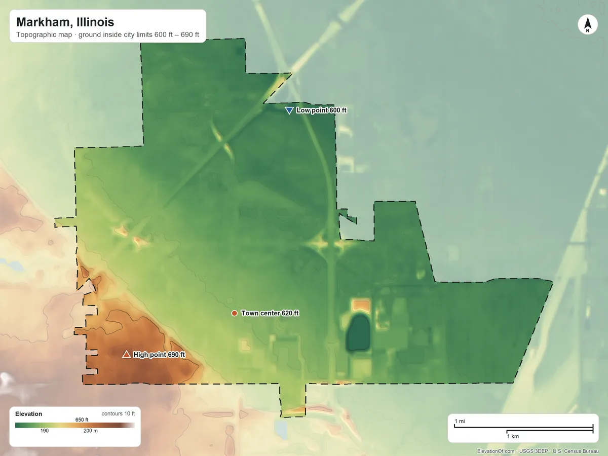 Topographic elevation map of Markham, Illinois, shaded from 600 ft on the north side to 690 ft on the west side