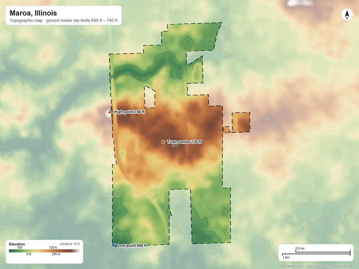 Topographic elevation map of Maroa, Illinois, shaded from 690 ft on the southwest side to 740 ft on the northwest side