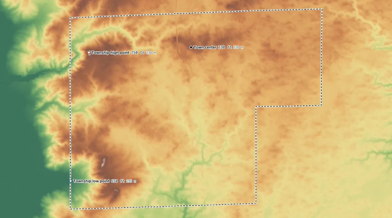 Topographic elevation map of Maroa Township, Illinois, shaded from 650 ft on the southwest side to 750 ft on the west side