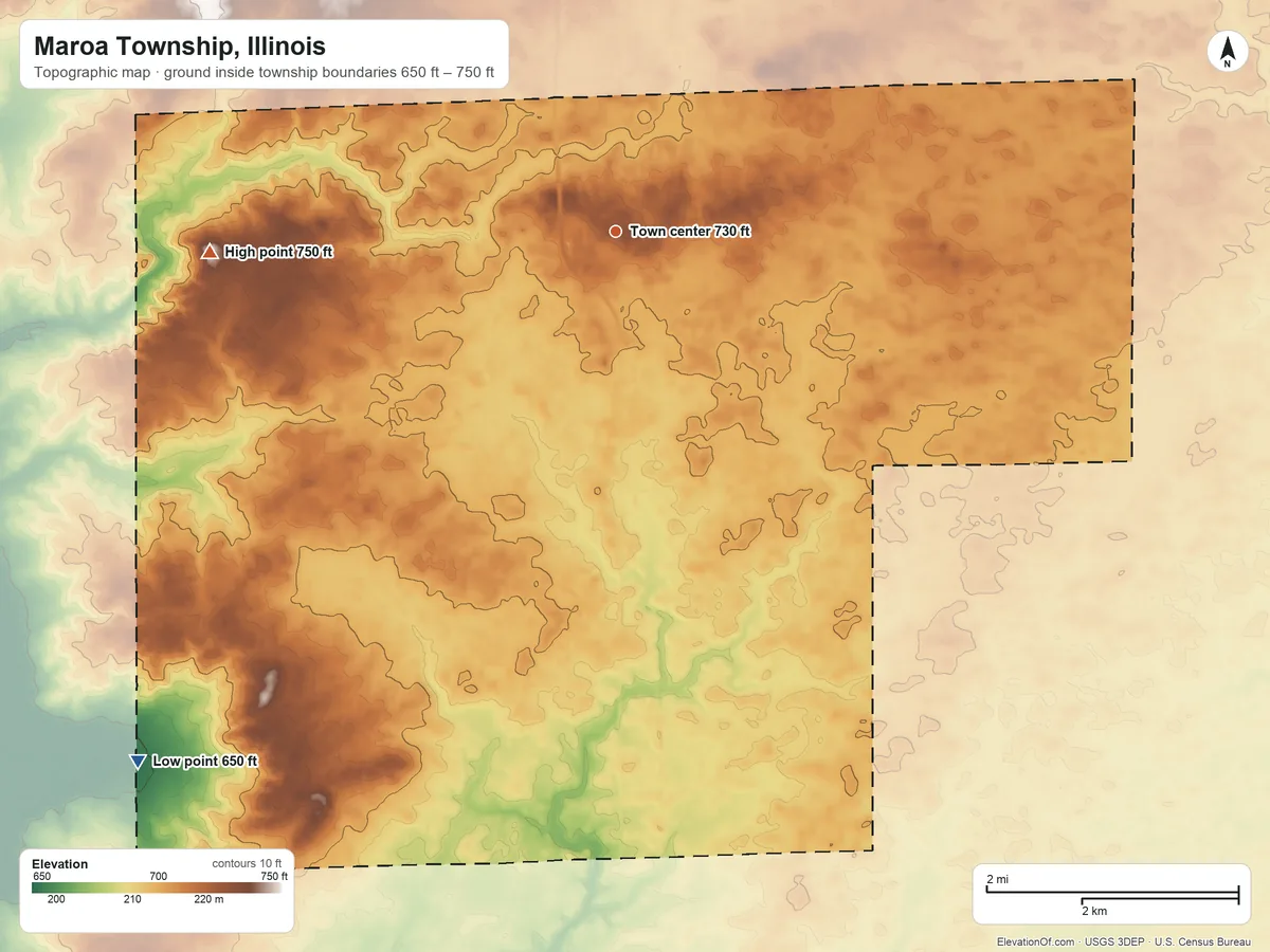 Topographic elevation map of Maroa Township, Illinois, shaded from 650 ft on the southwest side to 750 ft on the west side