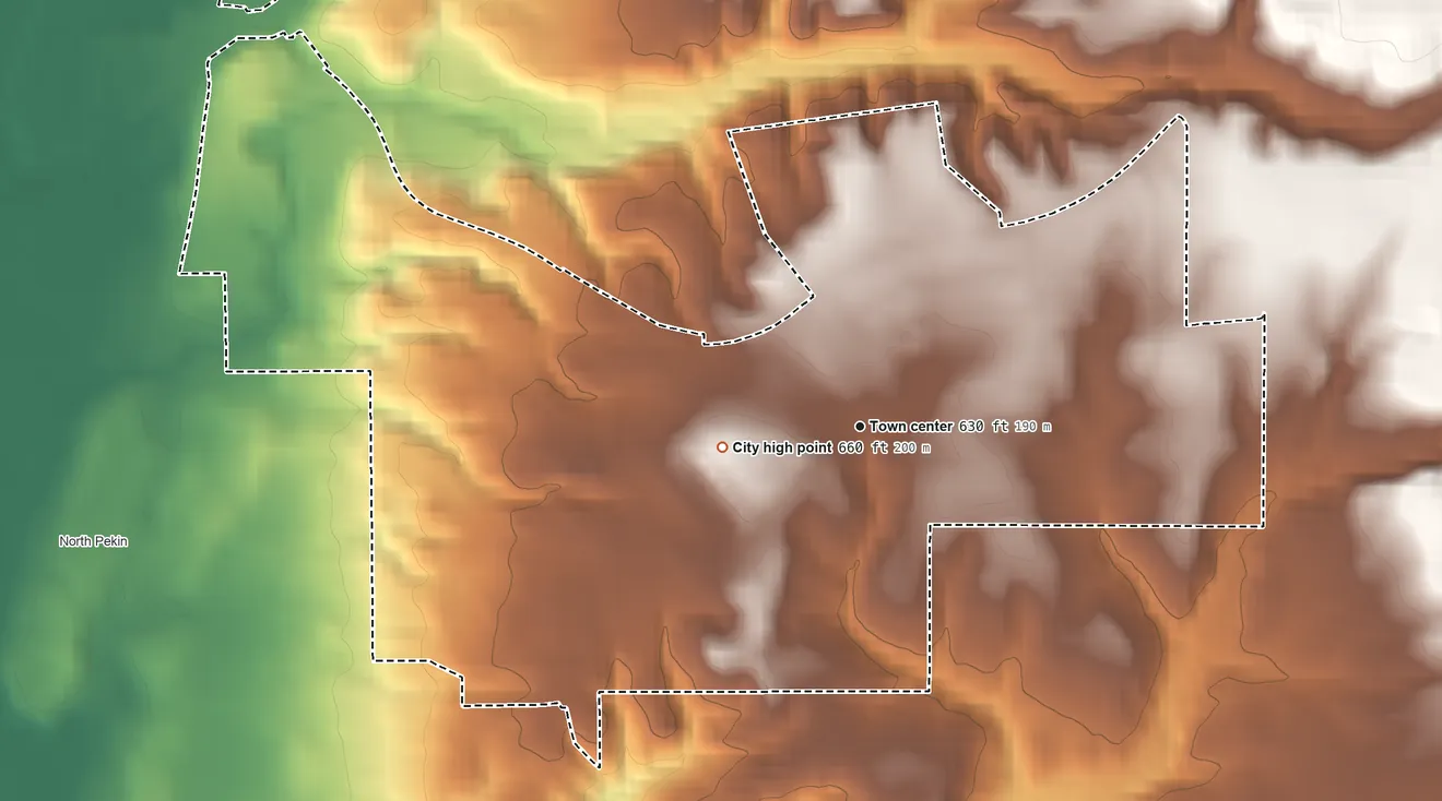 Topographic elevation map of Marquette Heights, Illinois, shaded from 470 ft on the northwest side to 660 ft on the west side