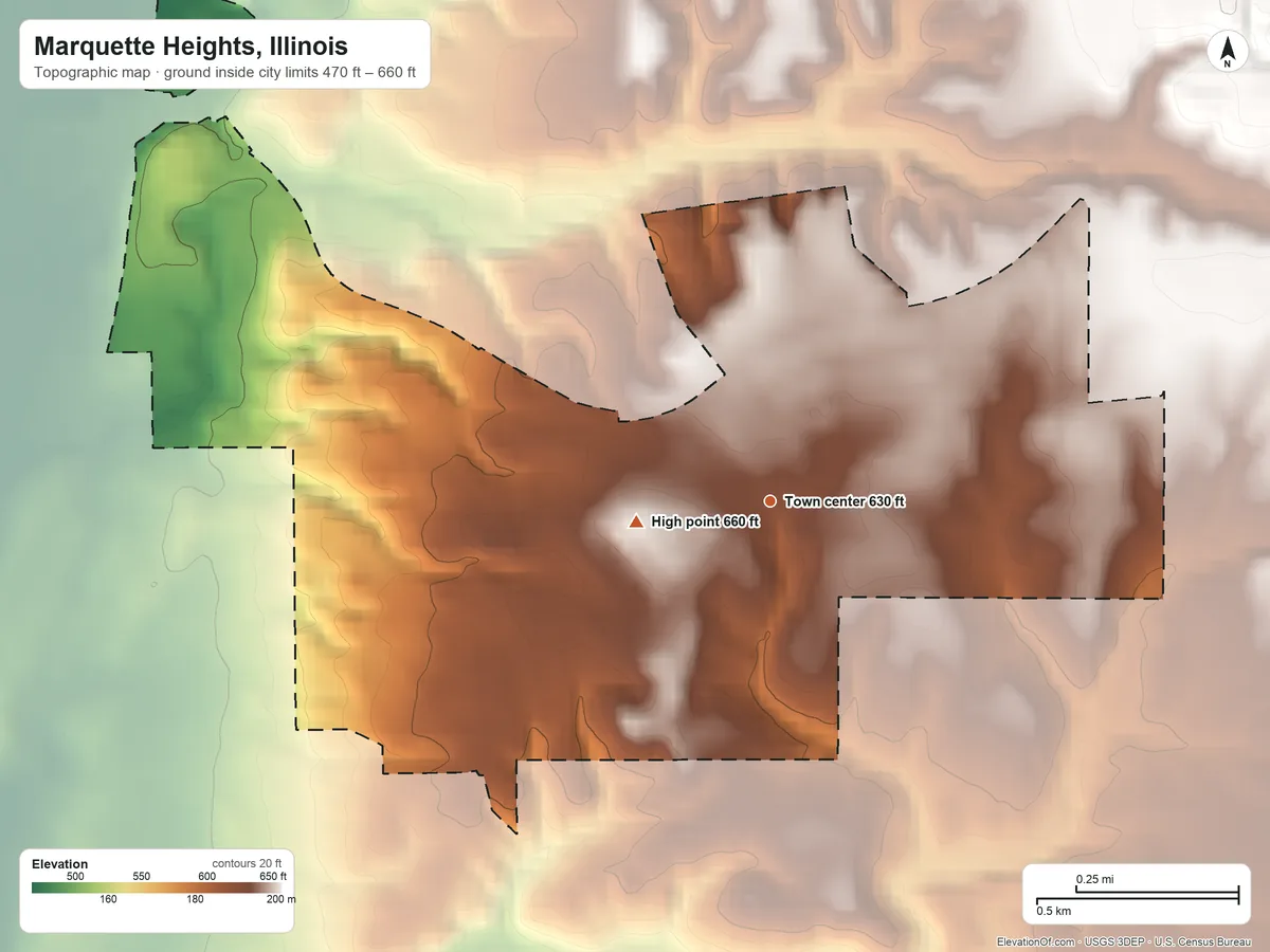 Topographic elevation map of Marquette Heights, Illinois, shaded from 470 ft on the northwest side to 660 ft on the west side