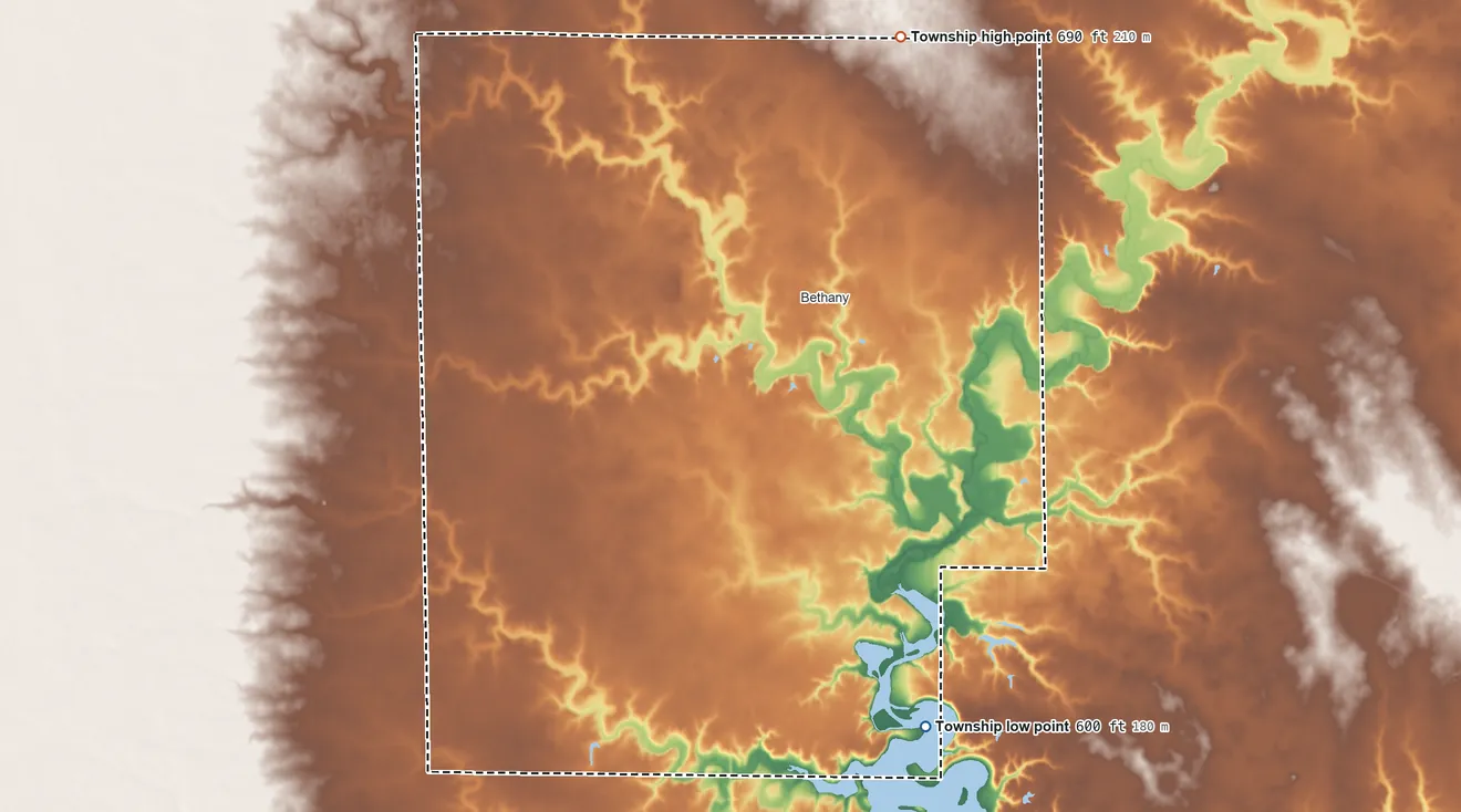 Topographic elevation map of Marrowbone Township, Illinois, shaded from 600 ft on the south side to 690 ft on the north side