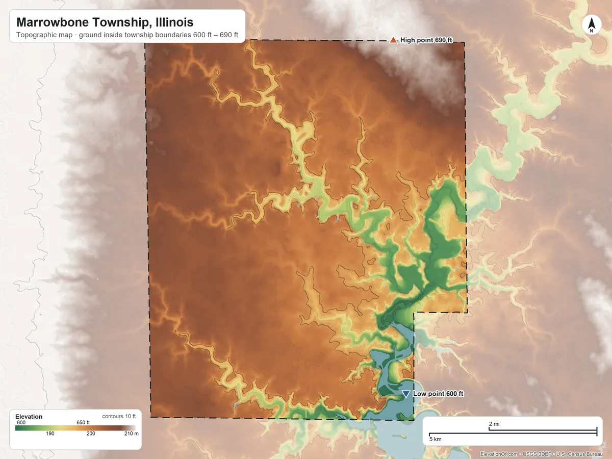 Topographic elevation map of Marrowbone Township, Illinois, shaded from 600 ft on the south side to 690 ft on the north side