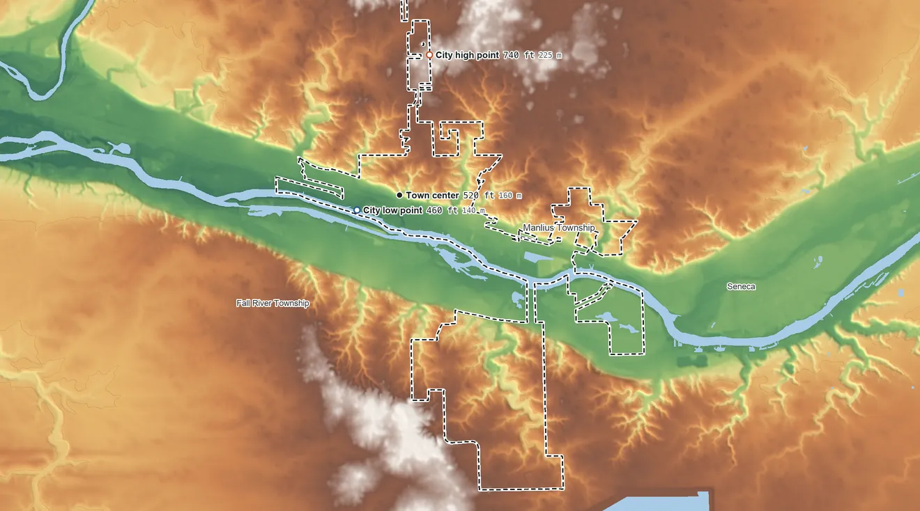 Topographic elevation map of Marseilles, Illinois, shaded from 460 ft near the middle to 740 ft on the north side